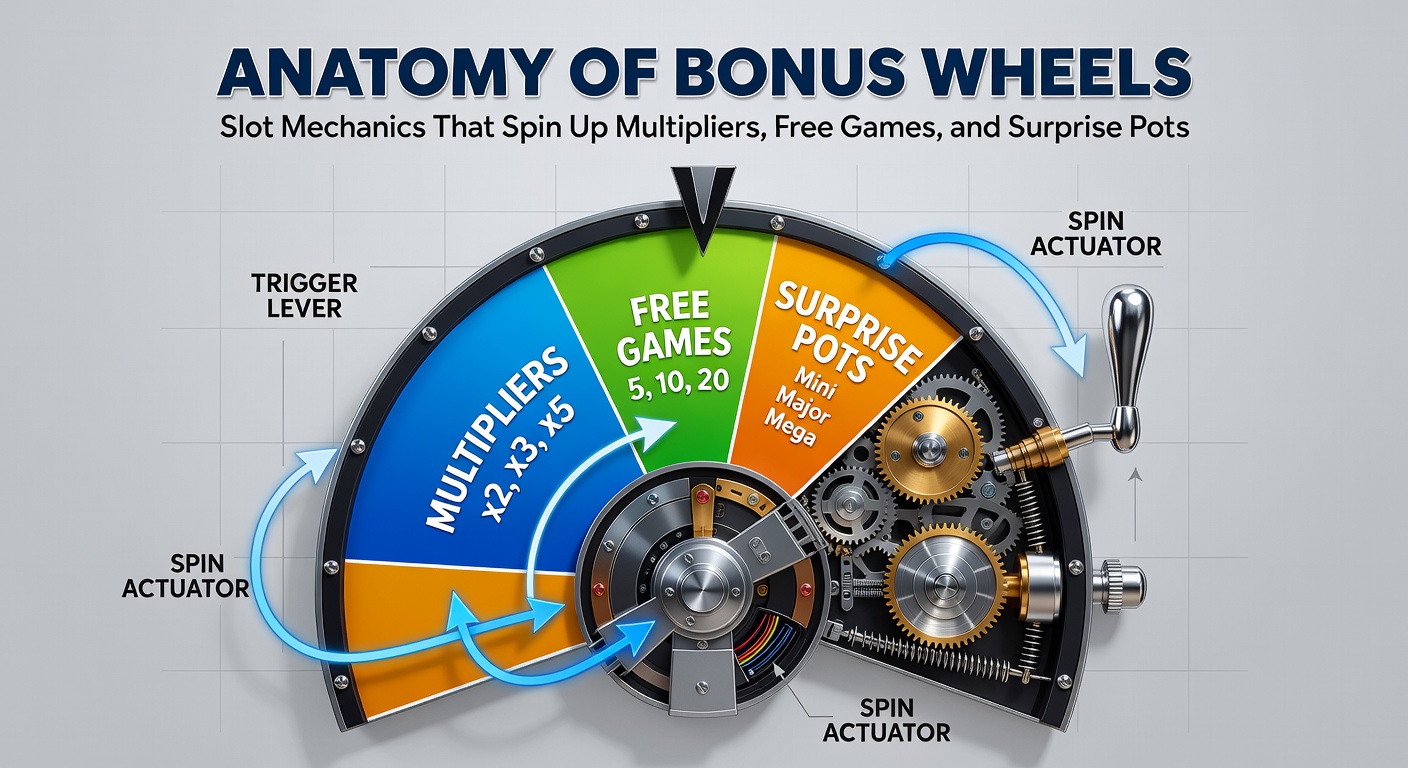 Colorful bonus wheel in a slot game, featuring segments for multipliers, free spins, and jackpot pots glowing with potential rewards