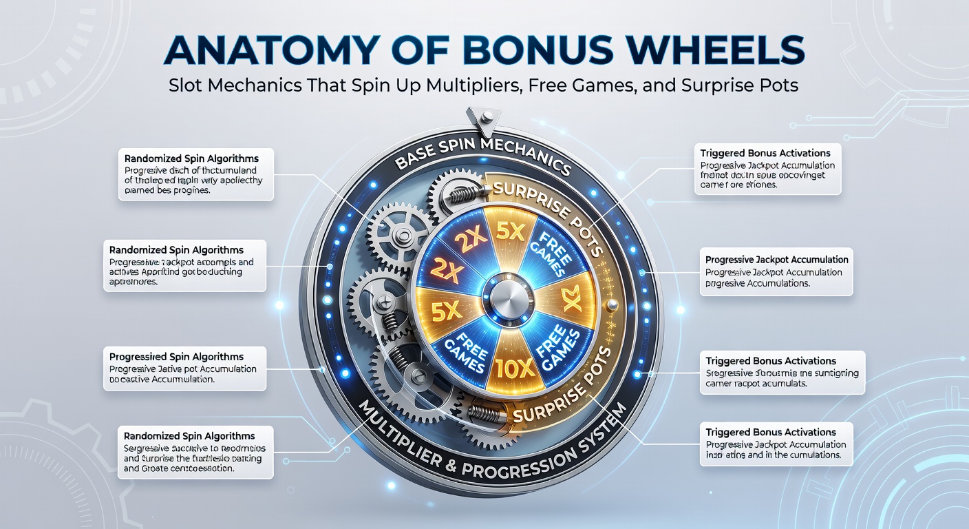 Close-up of a slot bonus wheel mid-spin, segments lighting up with multiplier values, free spin icons, and glowing pot symbols promising instant cash