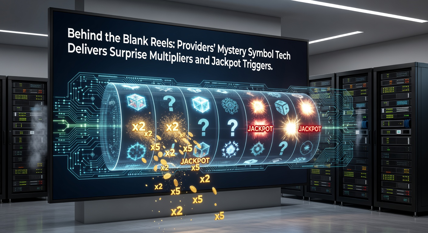 Vibrant slot reels with blank symbols transforming into glowing multipliers and jackpot icons, showcasing provider innovation in mystery tech