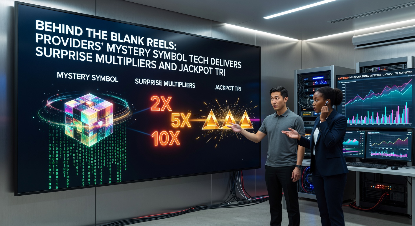 Close-up of a slot screen mid-reveal, with blank symbols exploding into stacked multipliers and golden jackpot symbols amid colorful animations