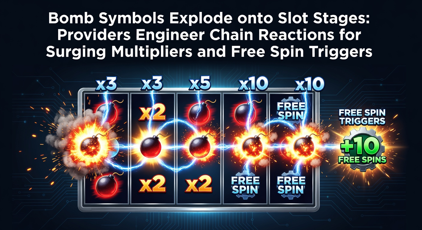 Vibrant slot reel display showing bomb symbols mid-explosion with cascading multipliers and fiery chain reactions