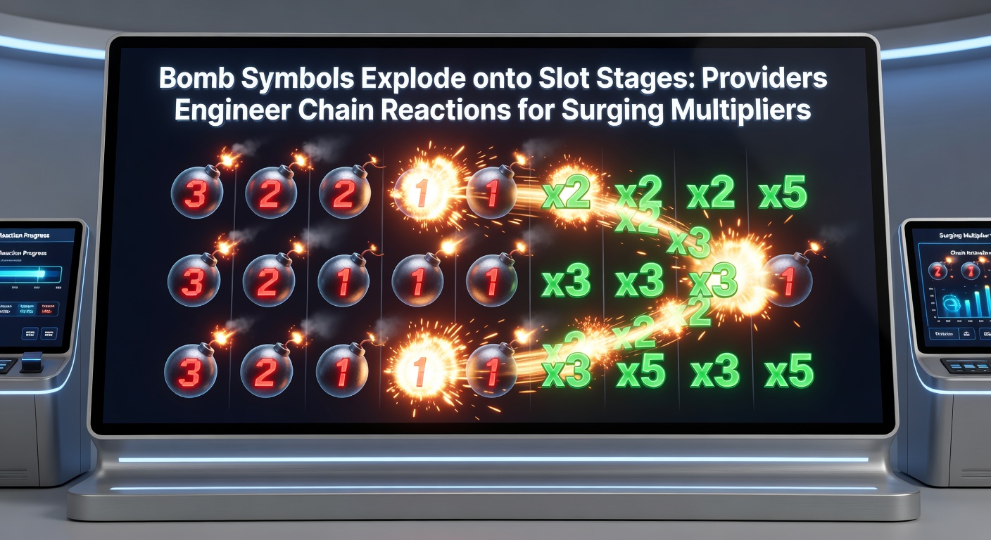 Close-up of a bomb symbol exploding on a slot reel, unleashing wilds, multipliers, and free spin triggers in a colorful chain reaction