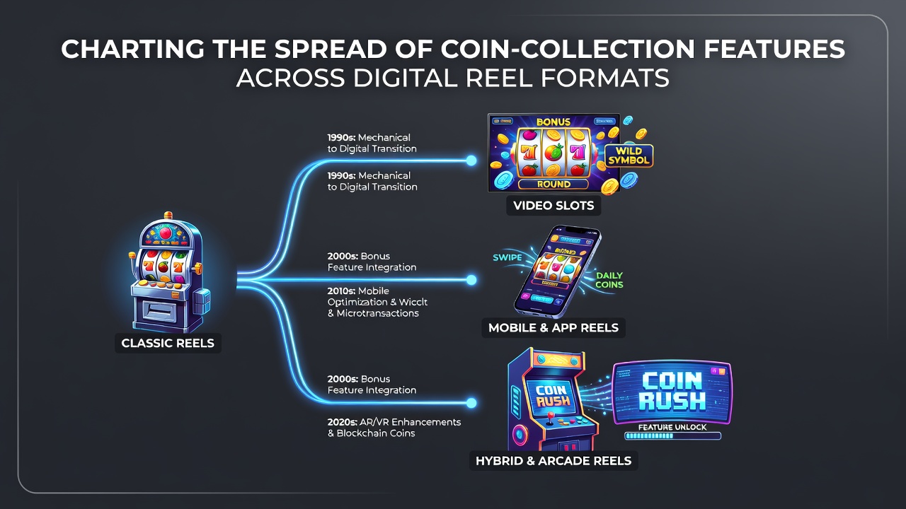 Side-by-side comparison of coin collection activation in cluster pay versus standard reel formats on digital devices