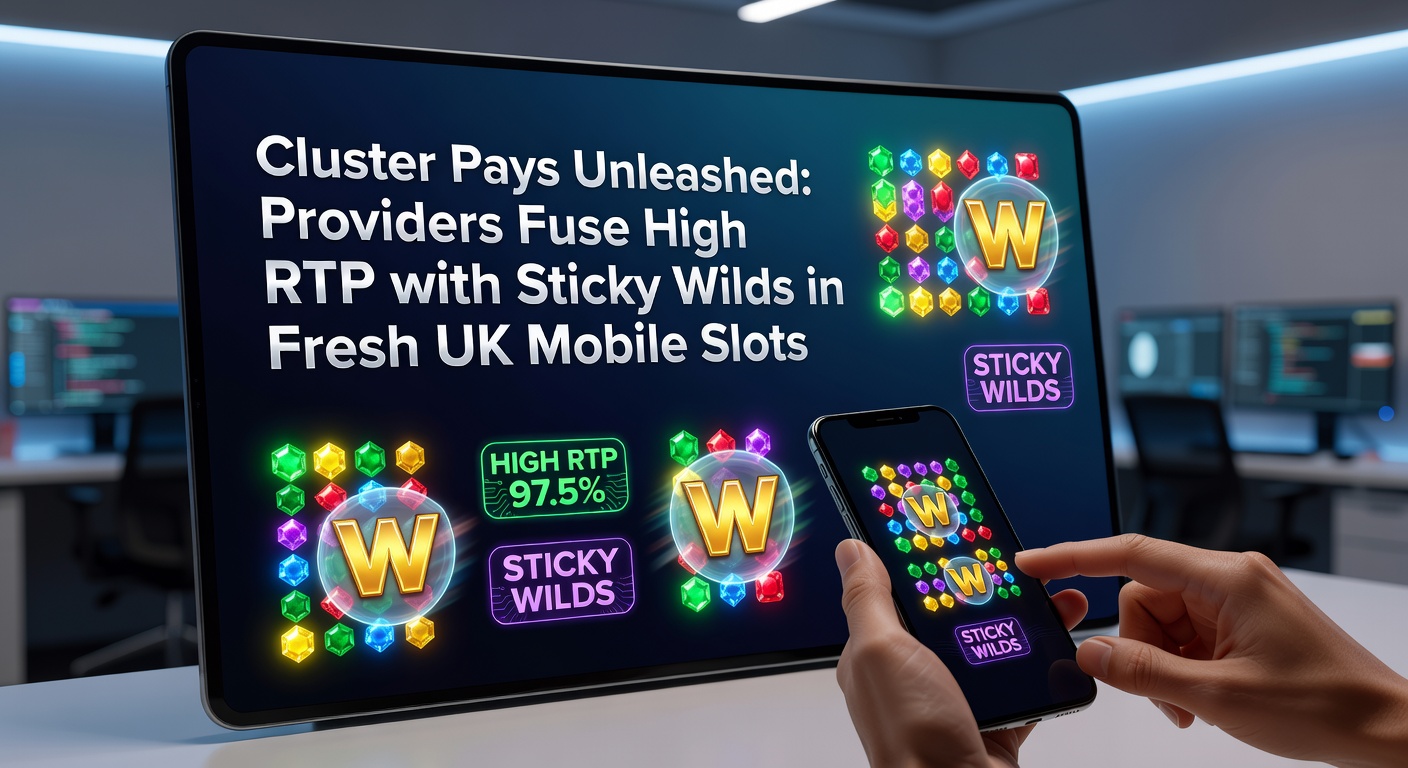 Vibrant cluster pays slot interface showing colorful symbols clustering on a mobile screen, highlighting sticky wilds and win lines