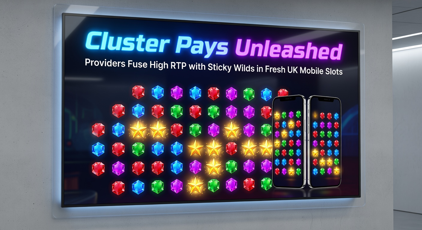 Close-up of sticky wild symbols locking in place amid cascading clusters on a UK-themed mobile slot, with RTP meter and win counter visible