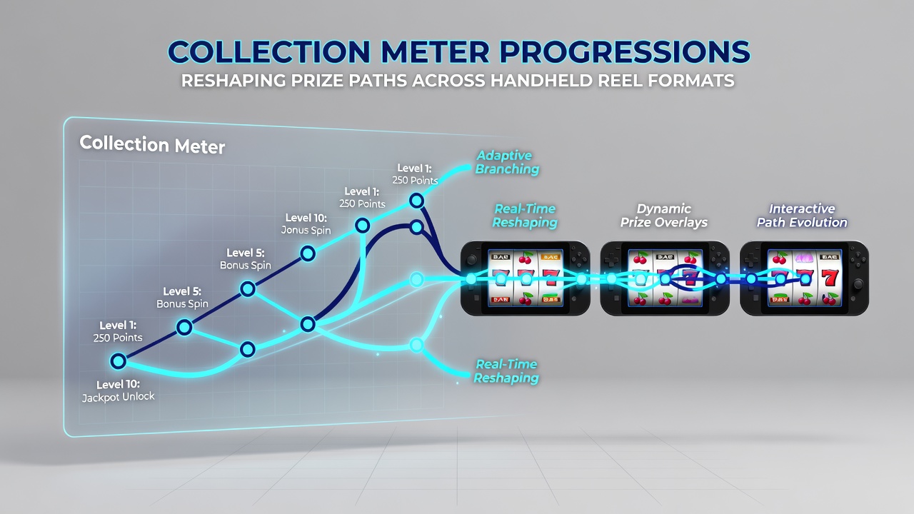 Close-up of handheld device screen showing advanced collection meter stages and associated jackpot pathways
