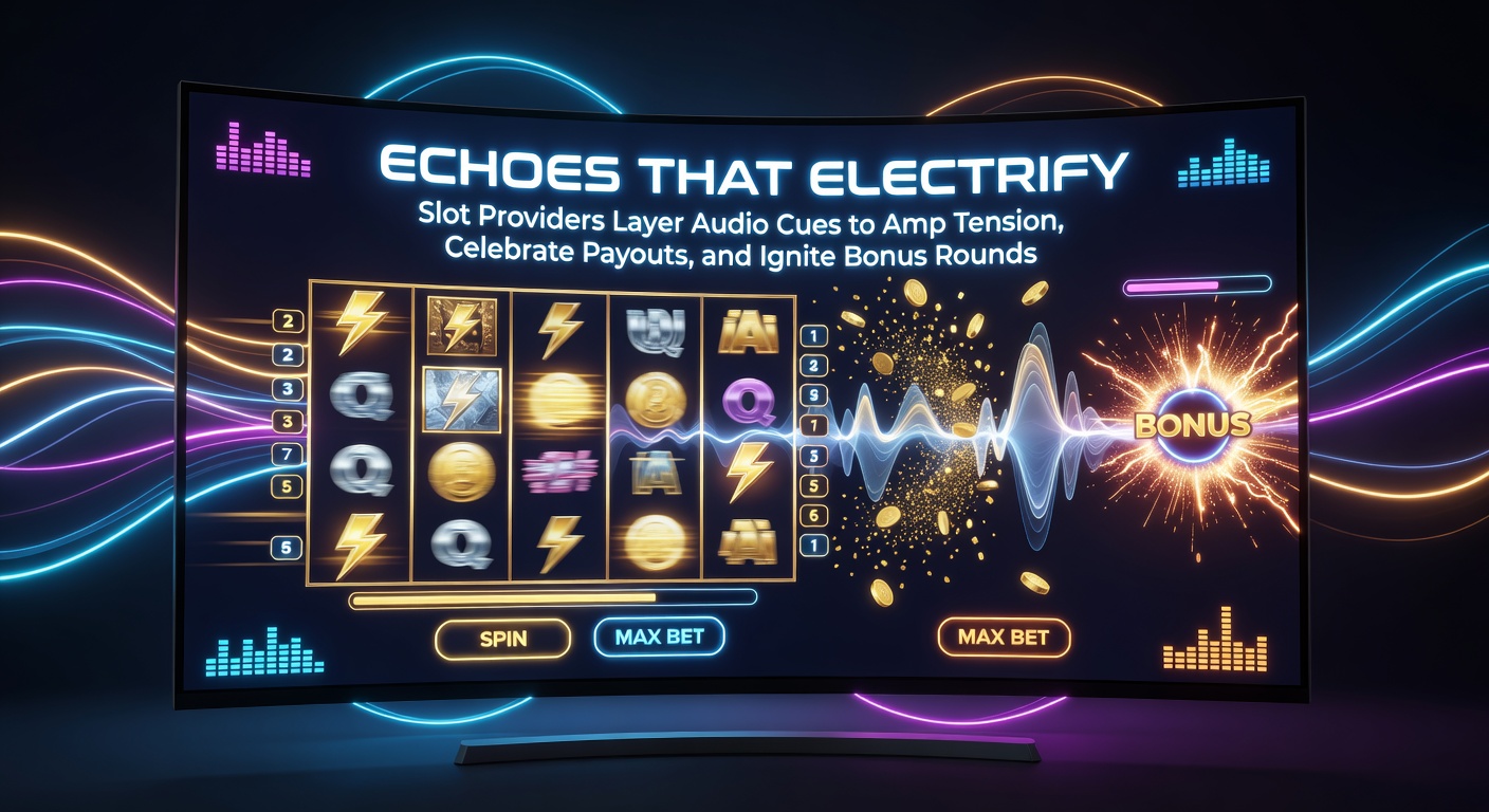 Dynamic slot machine interface with glowing reels and sound wave visuals overlayed, capturing the intensity of audio-driven gameplay