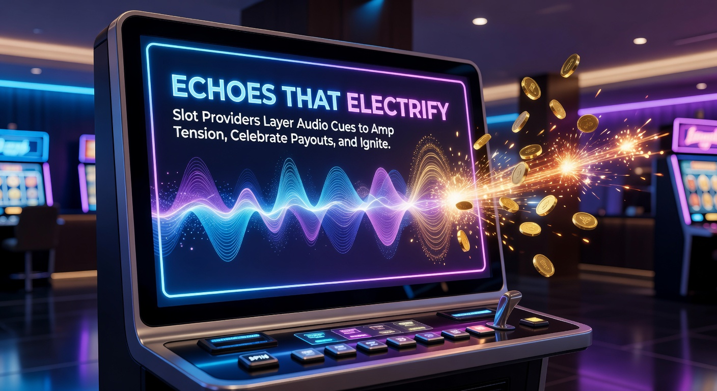 Close-up of slot payout screen with exploding coins, fireworks effects, and overlaid audio waveforms pulsing in celebration