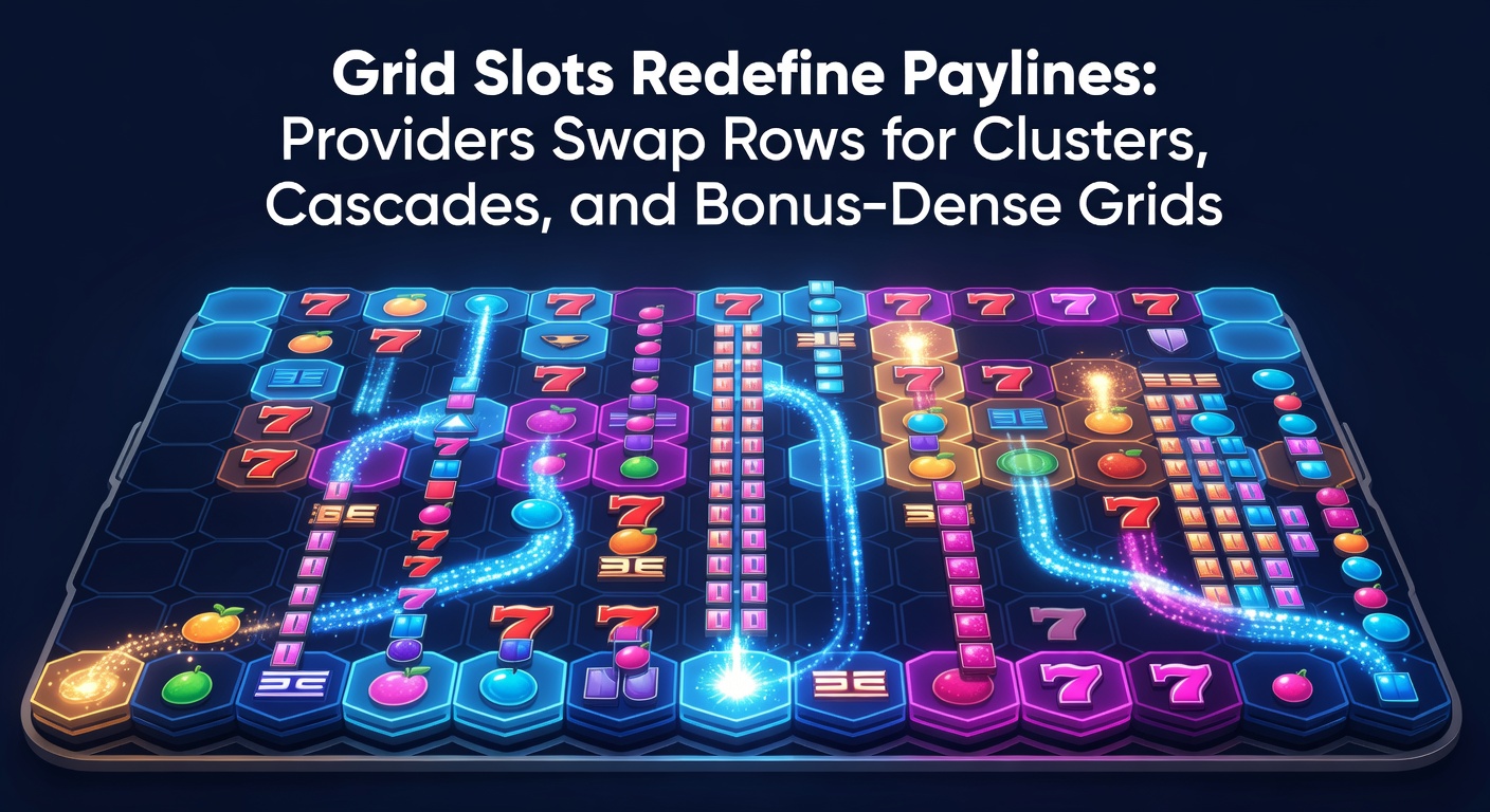 Vibrant grid slot interface showing clustered symbols exploding into cascades with bonus overlays activating multiple features