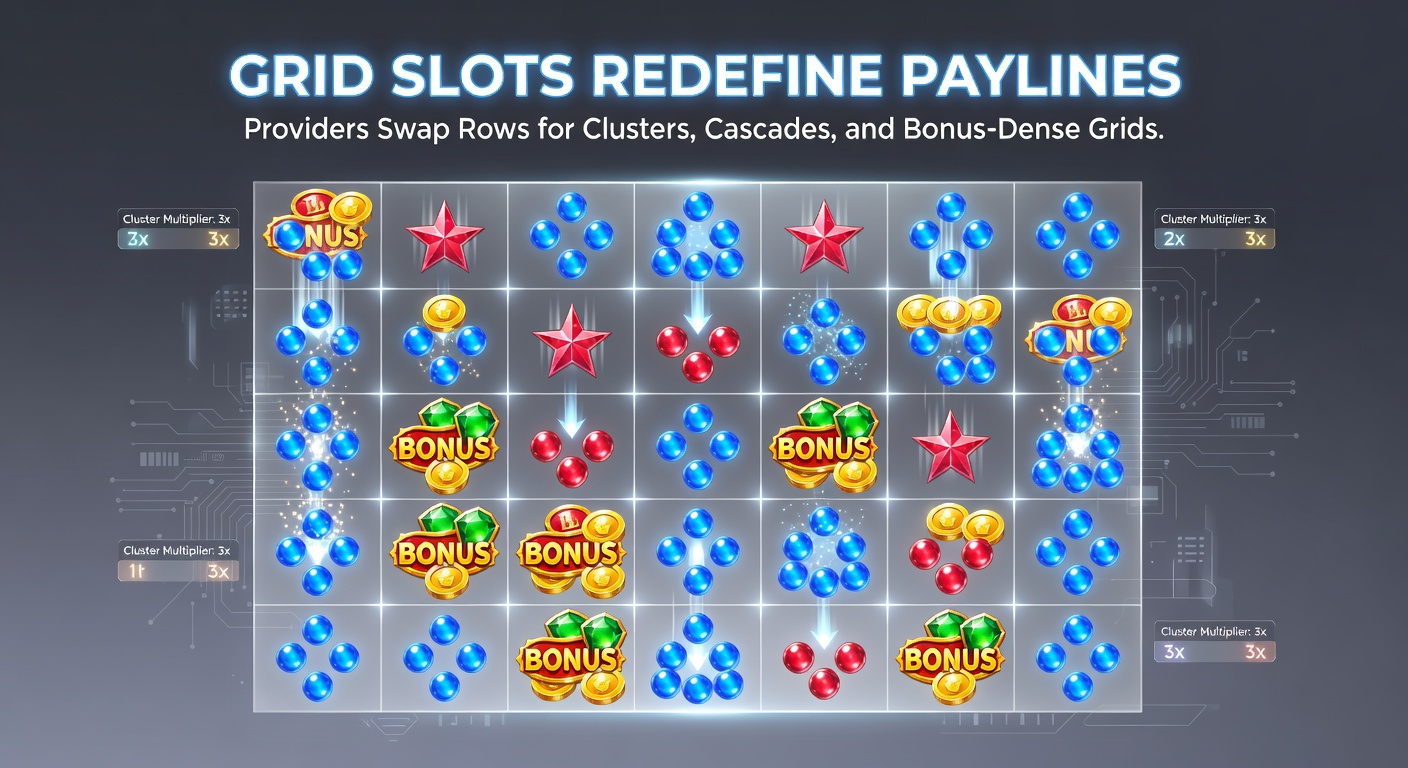 Dynamic cascade sequence in a grid slot, with winning clusters vanishing, new symbols tumbling in, and multipliers climbing rapidly