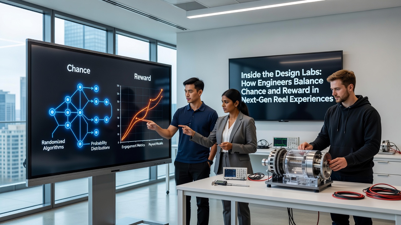 Detailed view of reel strip layouts and algorithm flowcharts displayed across lab workstations