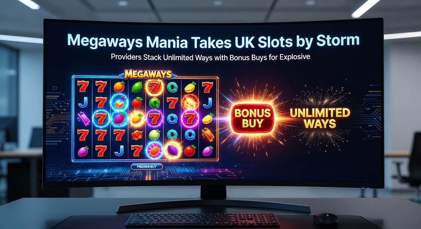 Close-up of a bonus buy button glowing on a Megaways slot interface, surrounded by cascading wins and multiplier trails