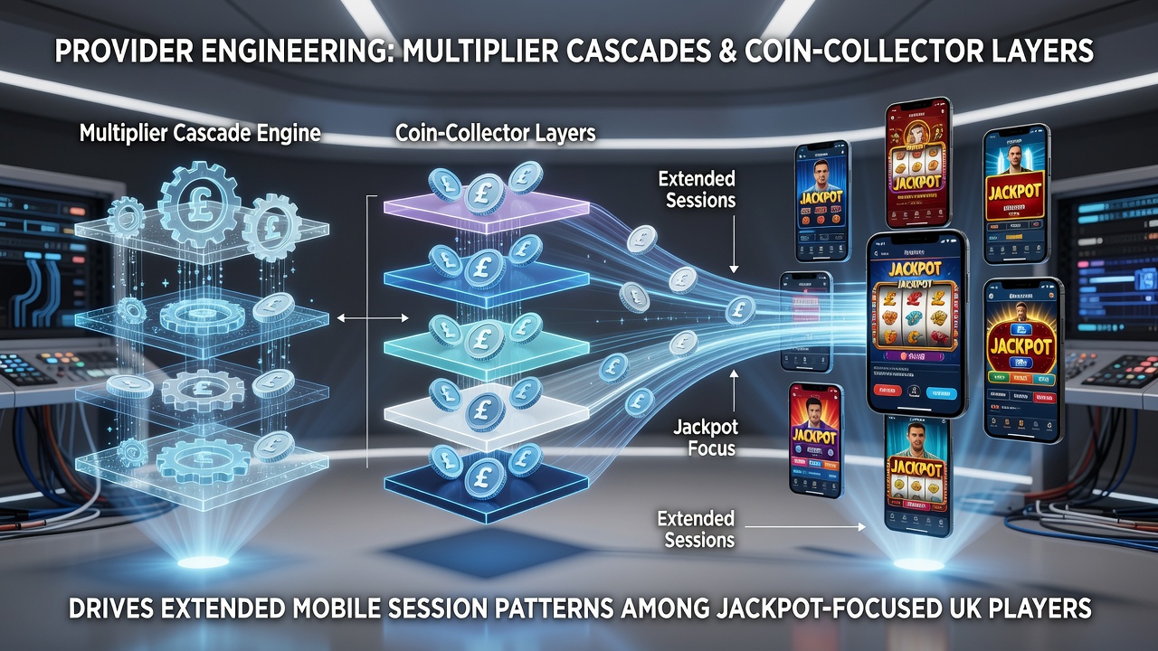 Mobile slot interface displaying cascading multipliers and coin collector layers during a jackpot chase session