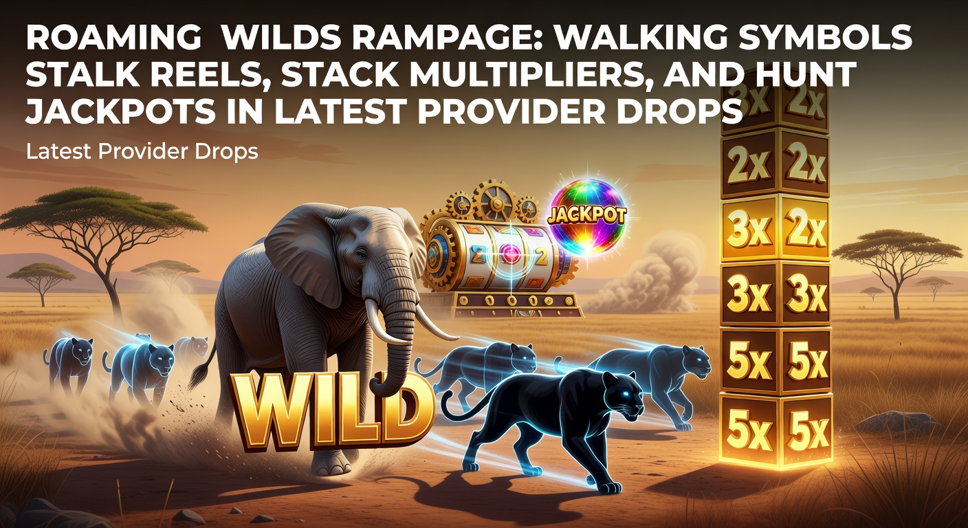 Animated roaming wild symbols marching across slot reels, stacking multipliers and triggering jackpot features in a vibrant game interface