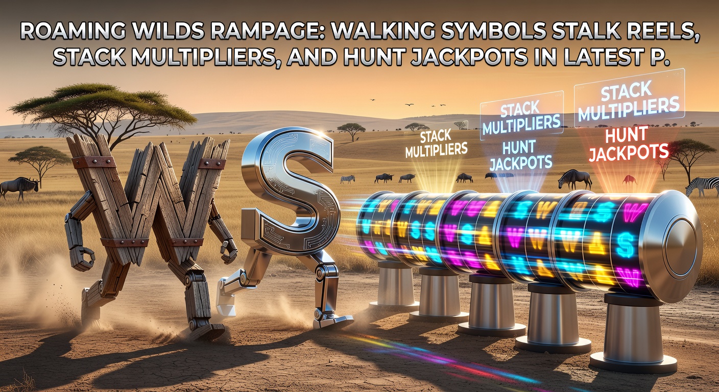 Close-up of stacked multiplier wilds roaming across a slot payline, exploding into jackpot symbols amid cascading reels and golden coin showers