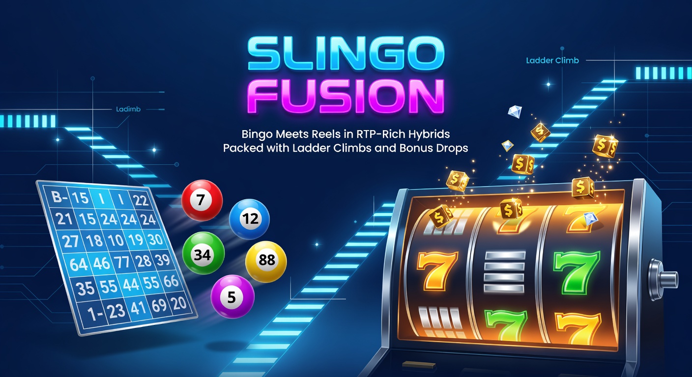 Vibrant Slingo hybrid game interface showing bingo cards merged with spinning reels, ladder climbs, and bonus drop animations