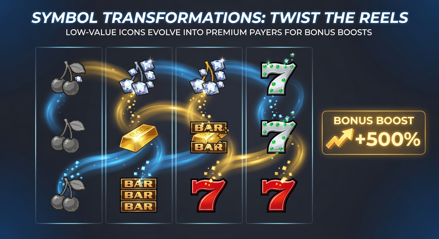 Close-up of a slot bonus feature with low-value fruits morphing into golden premium symbols, multipliers overlayed, and coins exploding outward