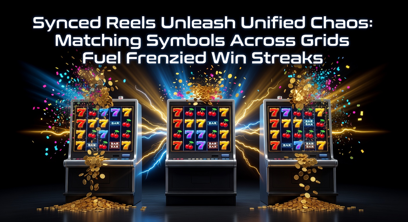 Vibrant slot reels syncing symbols across multiple grids, showcasing matching icons that trigger cascading wins and bonus features