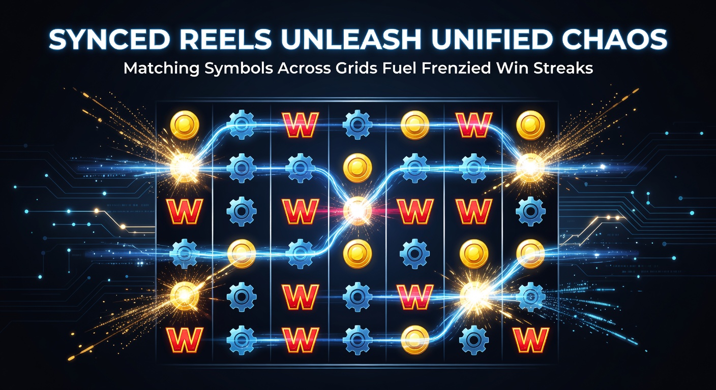 Close-up of synced slot reels exploding with matching premium symbols, multipliers stacking, and win lines lighting up across expanded grids