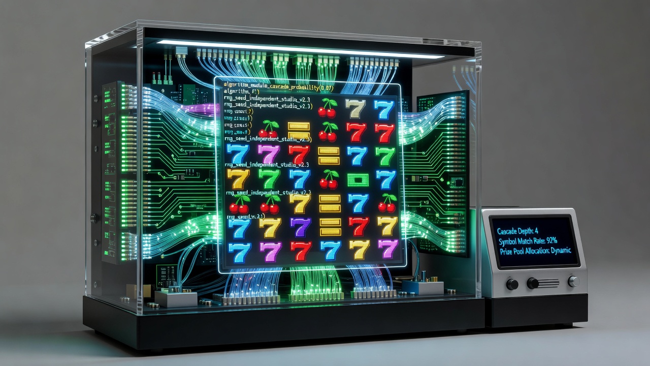 Diagram showing symbol cascade mechanics in a mobile prize machine interface