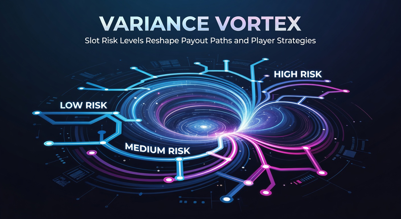 Dynamic slot machine reels swirling in a vortex of varying payout symbols, illustrating high and low volatility contrasts