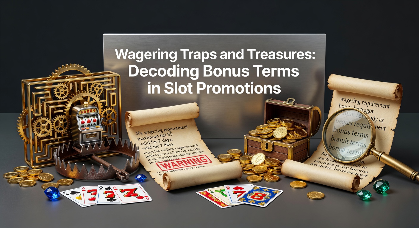 Casino slot machine displaying bonus promotion terms on a vibrant screen, highlighting wagering requirement details