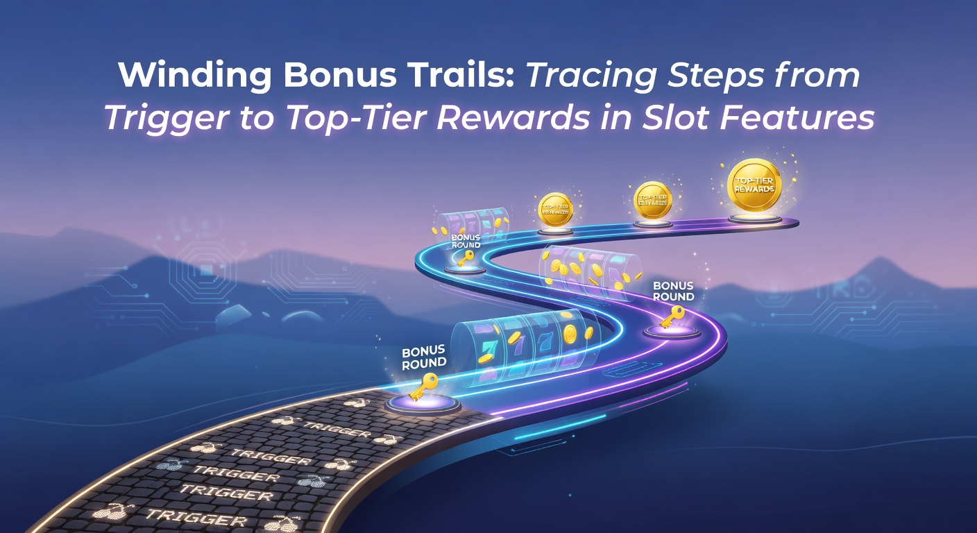 Animated slot screen showing a winding bonus trail with glowing steps leading to a jackpot symbol, multipliers stacking along the path